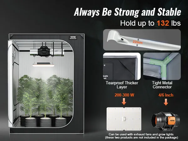 Tienda de cultivo VEVOR que presenta una capa más gruesa a prueba de desgarros, conectores de metal y configuración de plantas bajo luz de cultivo.