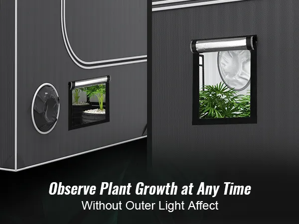 Tienda de cultivo VEVOR con ventanas para observar el crecimiento de las plantas, exterior negro y molduras blancas.