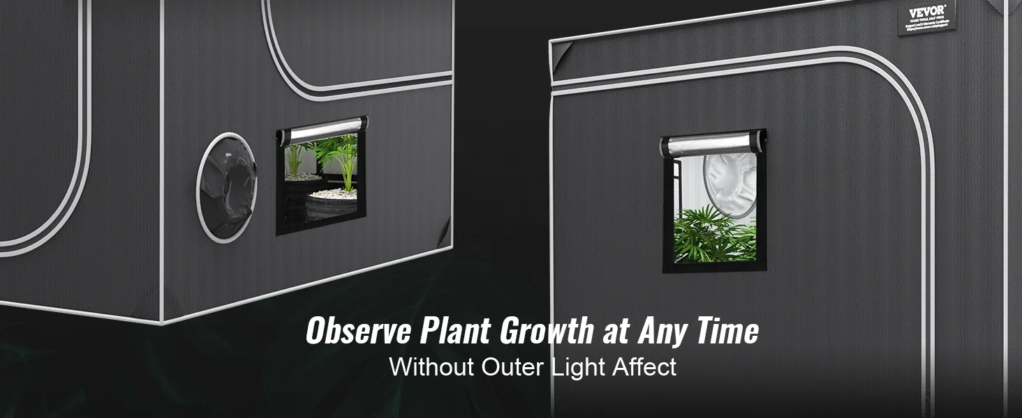 Tienda de cultivo VEVOR con ventanas para observar el crecimiento de las plantas, exterior negro y molduras blancas.