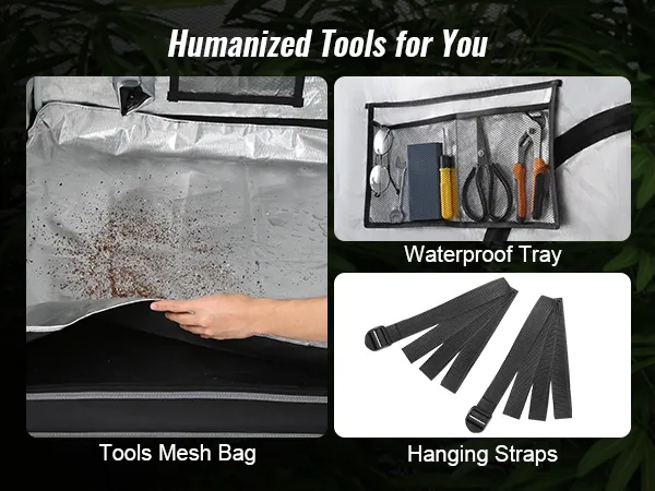 Bolsa de malla para herramientas, bandeja impermeable y correas para colgar incluidas con la carpa de cultivo VEVOR para un uso conveniente.