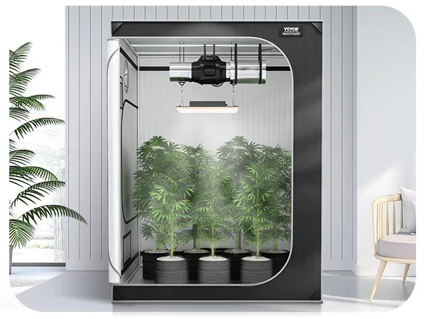 Tienda de cultivo VEVOR en una habitación moderna con plantas en macetas y una cómoda silla con cojines.