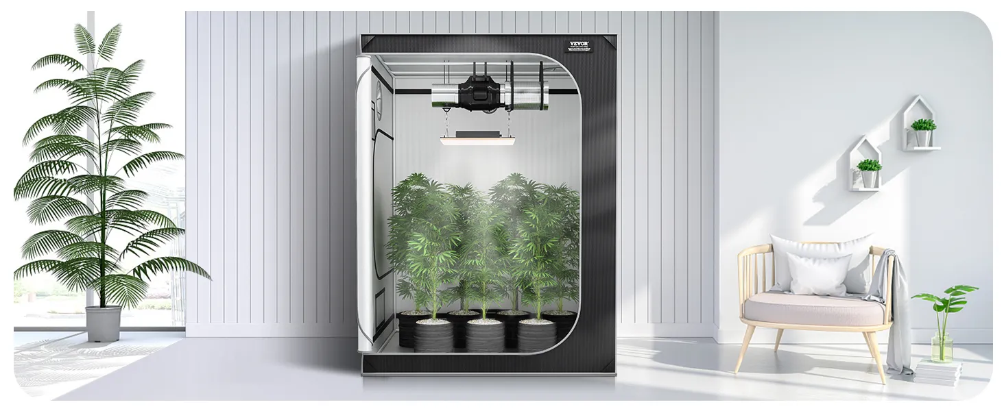 Tienda de cultivo VEVOR en una habitación moderna con plantas en macetas y una cómoda silla con cojines.