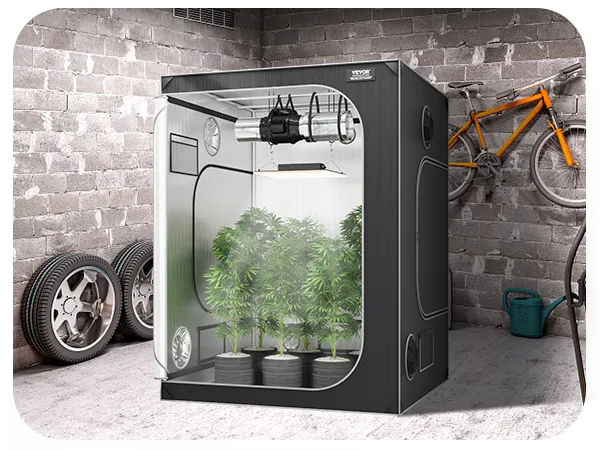 Tienda de cultivo VEVOR con plantas en entorno de garaje, con bicicleta, parrilla y estantes.