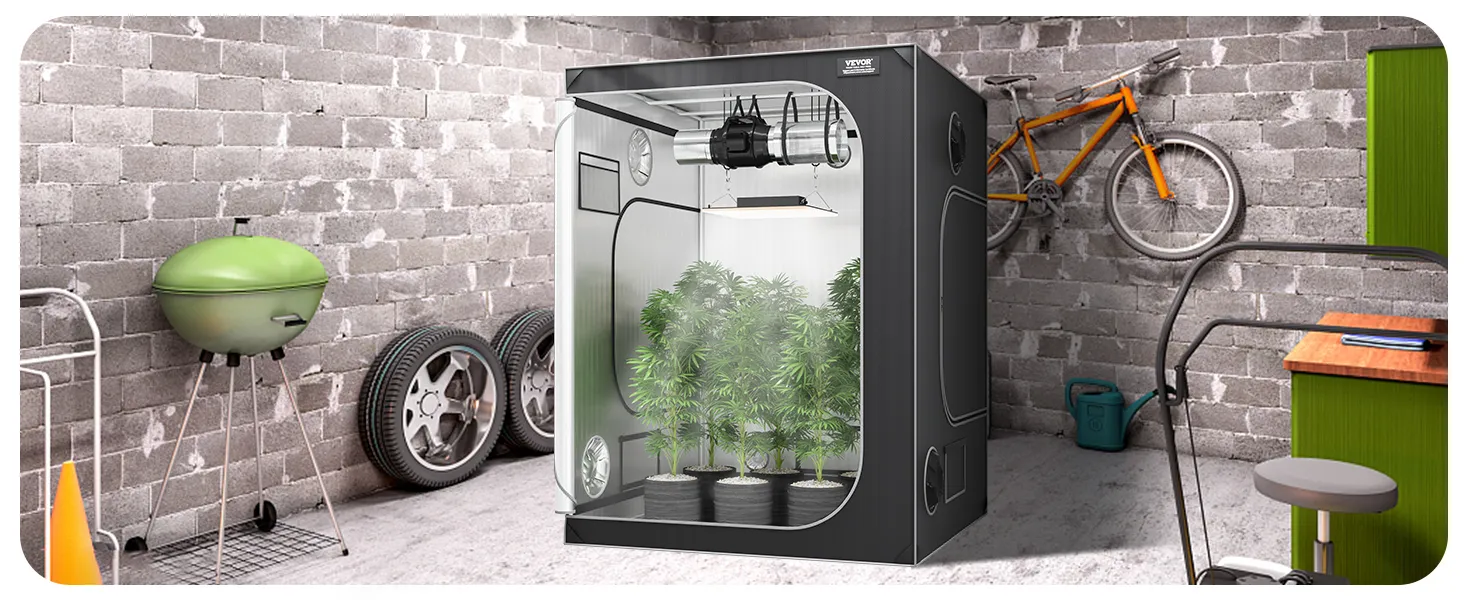 Tienda de cultivo VEVOR con plantas en entorno de garaje, con bicicleta, parrilla y estantes.