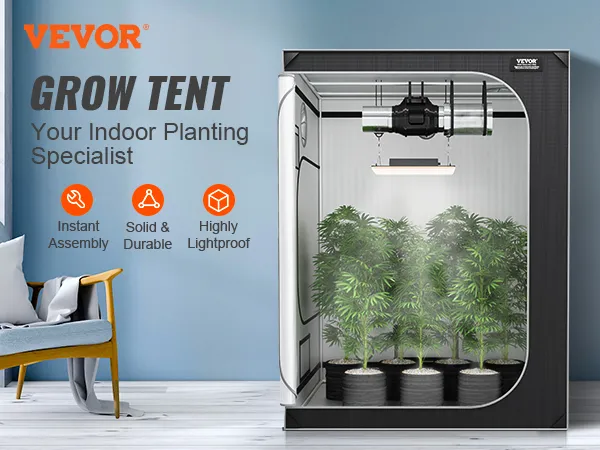 Configuración de tienda de cultivo VEVOR para plantación en interiores con luz LED, ventilación y plantas en macetas en el interior.
