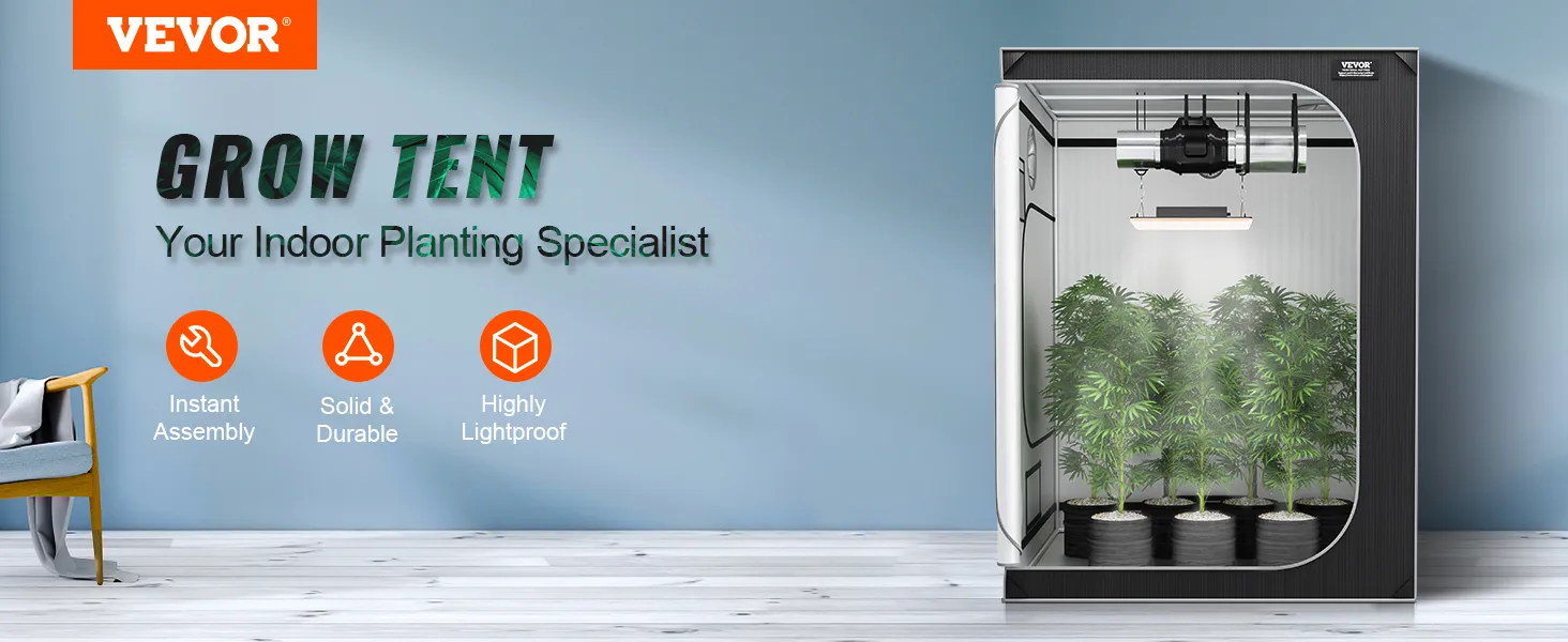 Configuración de tienda de cultivo VEVOR para plantación en interiores con luz LED, ventilación y plantas en macetas en el interior.