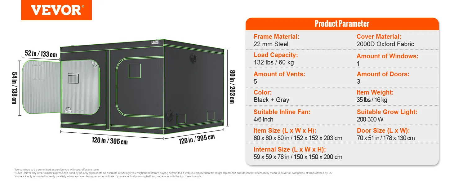 VEVOR grow tent dimensions and specs: 120x80x60 inches, 5 vents, 3 doors, black and gray, steel frame.