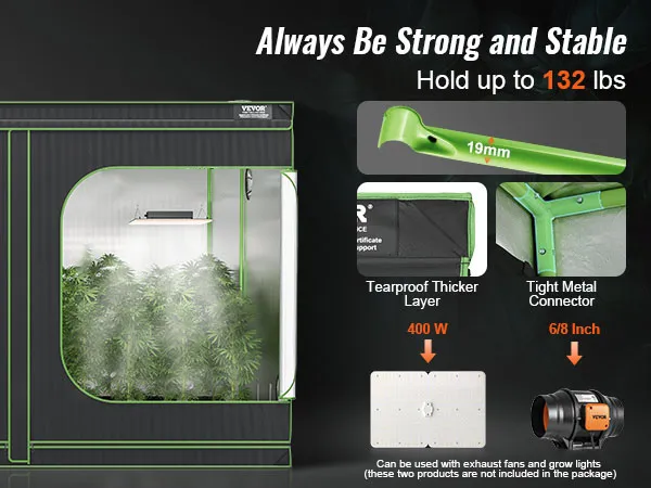 VEVOR grow tent featuring tearproof thicker layer, tight metal connector, and 400w grow lights.