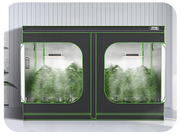 indoor setup with VEVOR grow tent, featuring lush plants and grow lights, placed in a modern room.