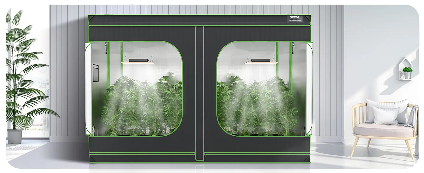 indoor setup with VEVOR grow tent, featuring lush plants and grow lights, placed in a modern room.