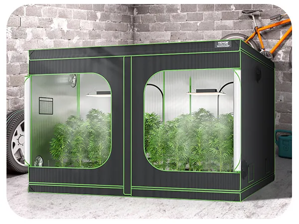 VEVOR grow tent in a garage with bicycles, a green grill, and growing plants inside.