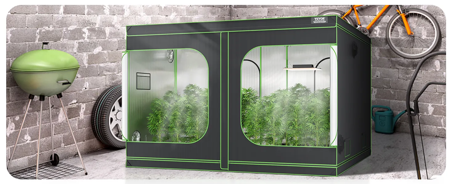 VEVOR grow tent in a garage with bicycles, a green grill, and growing plants inside.