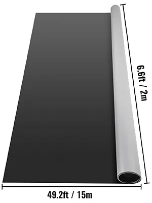 Pista de baile VEVOR, rollo negro, 15m x 2m, dimensiones mostradas en pies y metros.