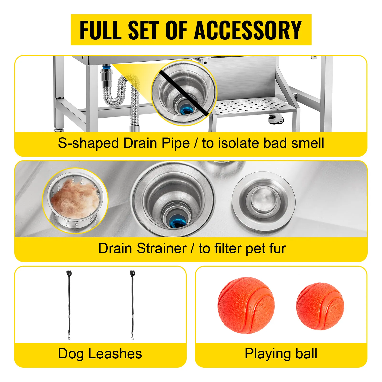 Accesorios para bañera de aseo para perros VEVOR: tubo de drenaje en forma de S, filtro de drenaje, correas para perros, pelota de juego.